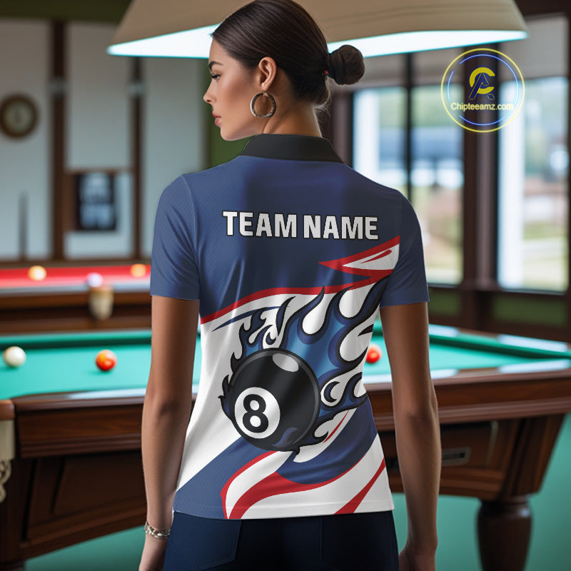 Red, White And Blue 8 Ball Flame Billiard Shirt For Women Custom Billiard Team Jersey Polo & 1/4 Zip TDM4202