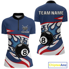 Load image into Gallery viewer, Red, White And Blue 8 Ball Flame Billiard Shirt For Women Custom Billiard Team Jersey Polo &amp; 1/4 Zip TDM4202