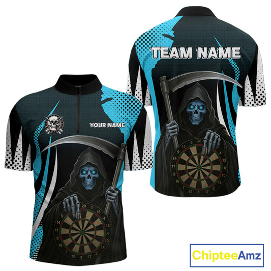 Personalized Blue Grim Reaper Dart Shirt For Men Custom Skull Dart Jerseys Team Polo & 1/4 Zip TDM4210