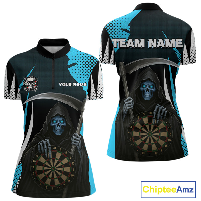 Personalized Blue Grim Reaper Dart Shirt For Women Custom Skull Dart Jerseys Team Polo & 1/4 Zip TDM4210