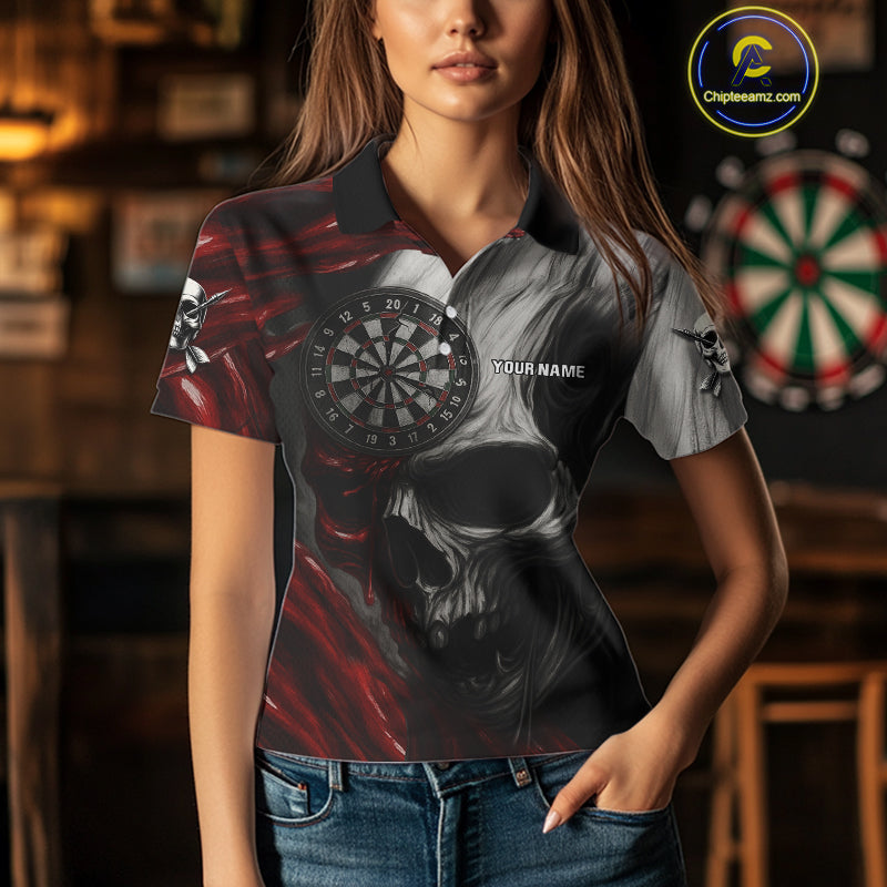 Personalized Gothic Skull Darts Shirt For Women Custom Darts Jersey Team Uniform Polo & 1/4 Zip|Red TDM4379