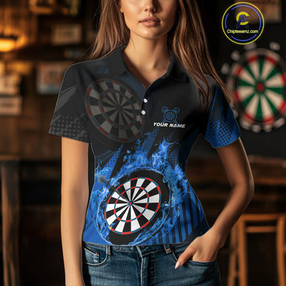 Blue Dartboard Fire Flame Darts Shirt For Women Custom Darts Jersey, Dart Team Shirt Polo & 1/4 Zip TDM4800
