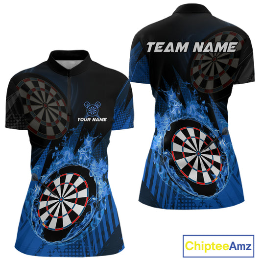 Blue Dartboard Fire Flame Darts Shirt For Men Custom Darts Jersey, Dart Team Shirt Polo & 1/4 Zip TDM4800