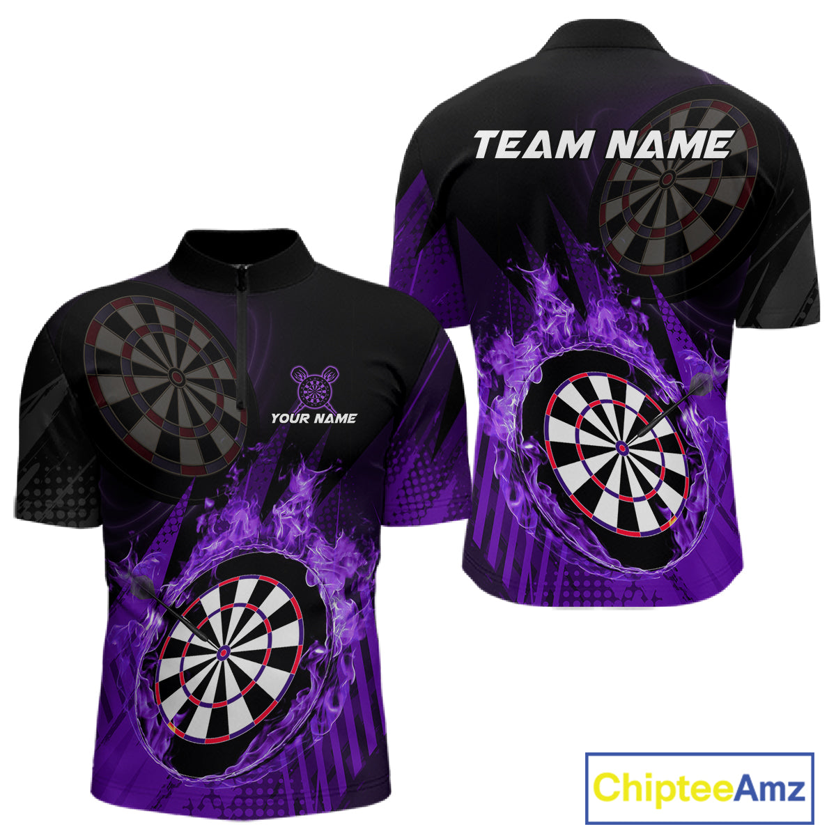 Purple Dartboard Fire Flame Darts Shirt For Men Custom Dart Jersey, Dart Team Shirt Polo & 1/4 Zip TDM4801