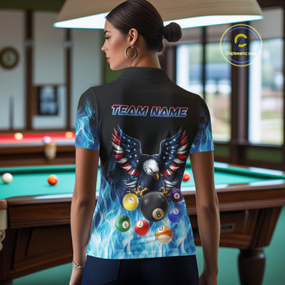 Personalized American Flag Eagle Billiard Ball Pool Shirt For Women Custom Billiard Team Jersey|Blue TDM4806