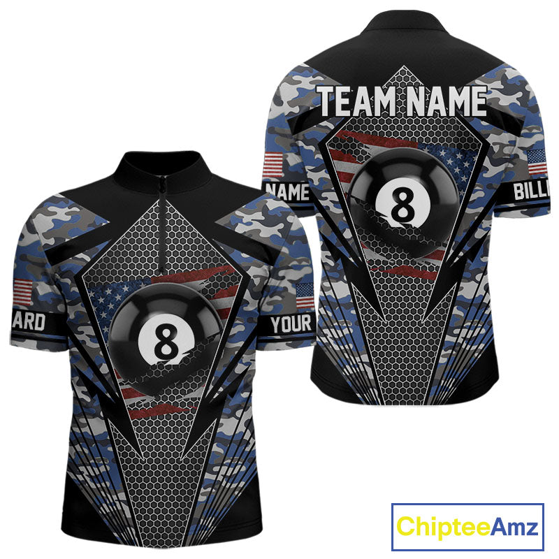 Personalized Blue Camo 8 Ball Pool Billiard Shirt For Men, Patriotic US Flag Billiard Team Jersey TDM4223