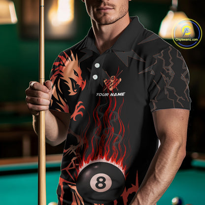 Black And Red Flaming 8 Ball Pool Shirt For Men Custom Dragon Billiards Team Jersey Polo & 1/4 Zip TDM4812
