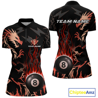 Black And Red Flaming 8 Ball Pool Shirt For Women Custom Dragon Billiards Team Jersey Polo & 1/4 Zip TDM4812