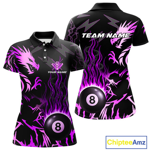 Black And Purple Flaming 8 Ball Pool Shirt For Women Custom Dragon Billiard Jersey Polo & 1/4 Zip TDM4813