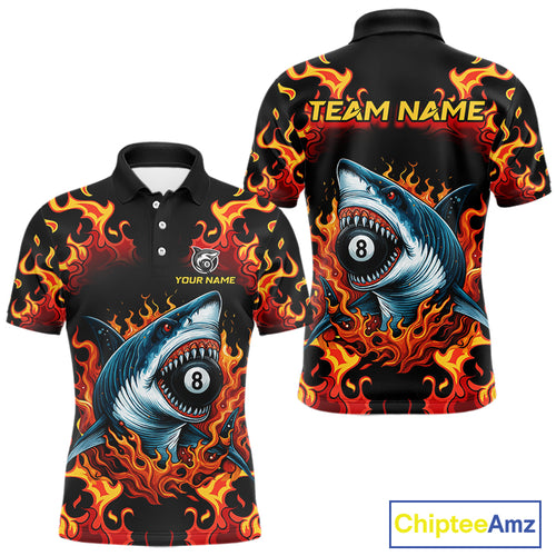 Customized Orange 8 Ball Pool Flame Shark Billiard Shirt For Men, Pool Team Jersey Polo & 1/4 Zip TDM4394