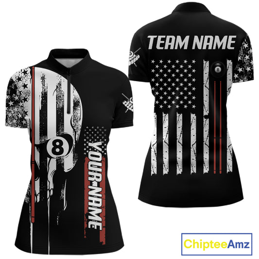Personalized 8 Ball Skull Billiard Shirt For Women, American Flag Pool Team Jerseys Polo & 1/4 Zip TDM4629