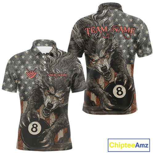 Personalized Vintage American Flag Wolf Billiard Shirt For Men, 8 Ball Pool Billiard Team Jerseys TDM4242