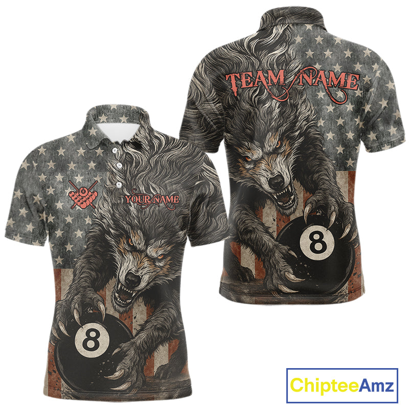 Personalized Vintage American Flag Wolf Billiard Shirt For Men, 8 Ball Pool Billiard Team Jerseys TDM4242