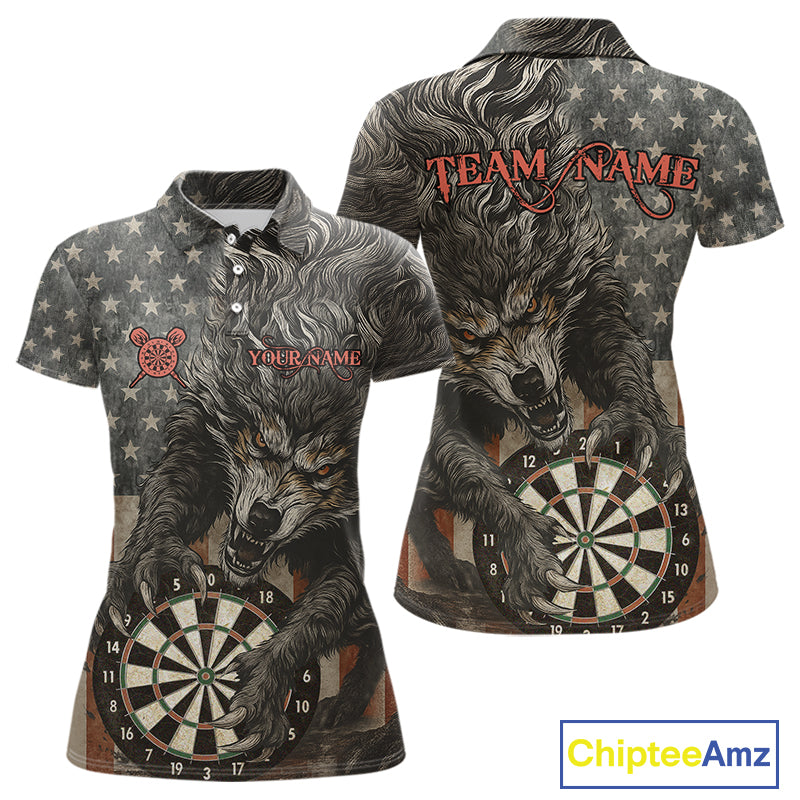 Personalized Vintage American Flag Wolf Darts Shirt For Women, Patriotic Dart Team Jerseys TDM4243
