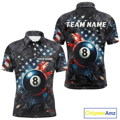 Personalized Grunge American Flag 8 Ball Billiard Shirt For Men Custom Patriotic Pool Team Jersey TDM4419
