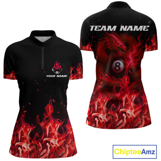 Personalized Red Flaming Dragon Billiard Shirt For Women, 8 Ball Pool Billiard League Team Jerseys TDM4245