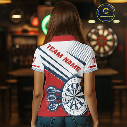 Personalized Red, White & Navy Darts Shirt For Women Custom Sport Darts Team Jerseys Polo & 1/4 Zip TDM4250