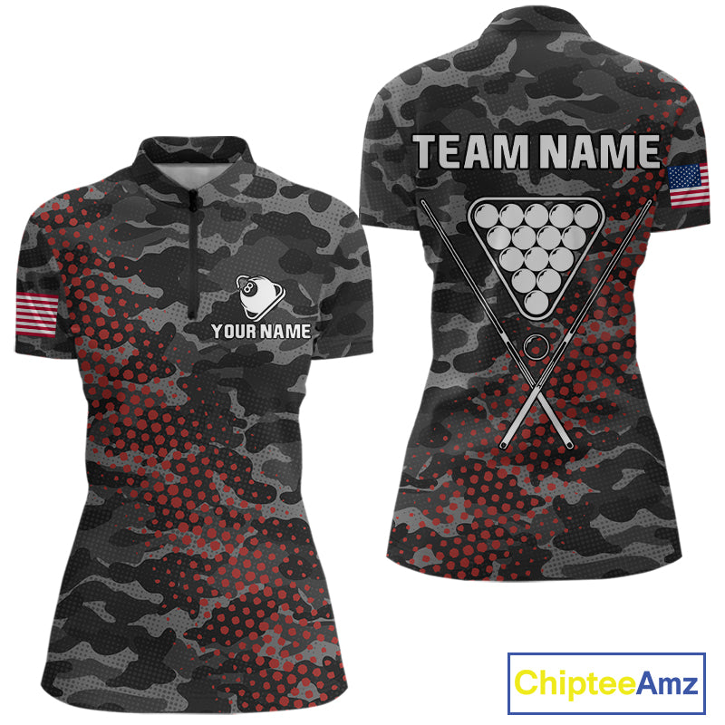 Personalized Red & Grey Camo Billiard Shirt For Women, 8 Ball Billiard Jersey Team Polo & 1/4 Zip TDM4431