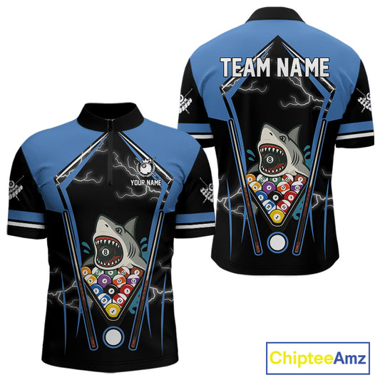 Black Blue Funny Pool And Shark Billiard Shirts For Men Custom 8 Ball Billiard Team Jerseys TDM4081