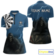 Load image into Gallery viewer, Black And Navy Skeleton Dartboard Darts Shirt For Women - Custom Team &amp; Player Name NYN0351