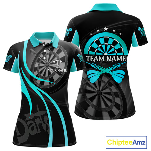 Black And Cyan Darts Jersey For Women Custom Team Polo & Quarter Zip Darts Shirt Uniform TDM4489