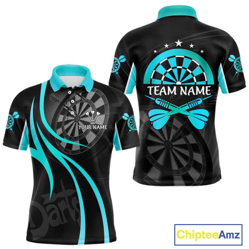 Black And Cyan Darts Jersey For Men Custom Team Polo & Quarter Zip Darts Shirt Uniform TDM4489