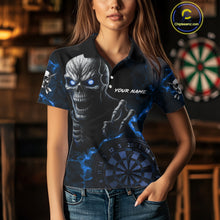 Load image into Gallery viewer, Personalized Skull Darts Polo &amp; Quarter Zip For Women Custom Fire Darts League Team Jersey |Blue TDM4719