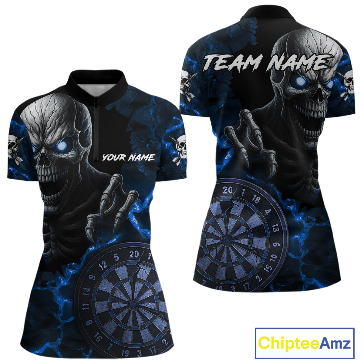 Personalized Skull Darts Polo & Quarter Zip For Women Custom Fire Darts League Team Jersey |Blue TDM4719