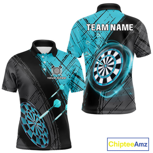 Grunge Cyan Black Dartboard Light Men Darts Polo & 1/4 Zip Custom Dart Shirt For Team Dart Jersey TDM4127