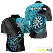Load image into Gallery viewer, Grunge Cyan Black Dartboard Light Men Darts Polo &amp; 1/4 Zip Custom Dart Shirt For Team Dart Jersey TDM4127