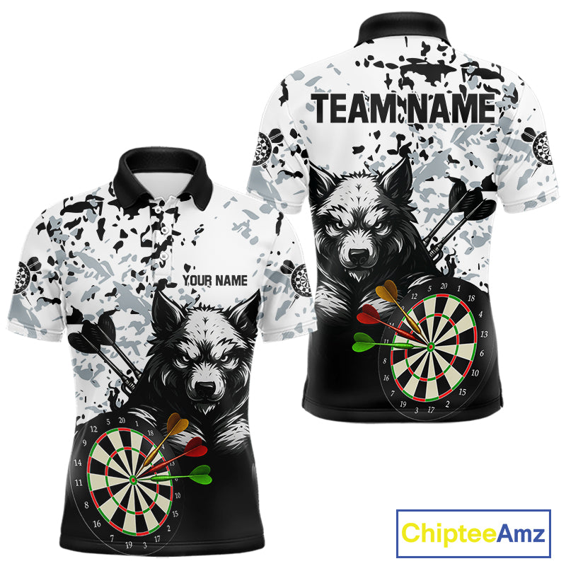 Personalized Grunge White Black Funny Wolf Darts Shirt For Men Custom Team Darts Jersey Outfit TDM4494