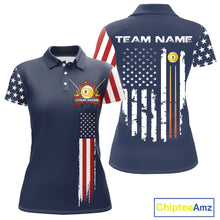 Load image into Gallery viewer, Personalized American Flag Blue Navy 9 Ball Pool Team Shirt For Women Custom Patriotic Billiard Shirt TDM4735