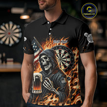 Load image into Gallery viewer, Flaming Grim Reaper Beer Darts Shirt Custom US Flag Darts Polo &amp; Quarter Zip Jerseys For Women TDM4526