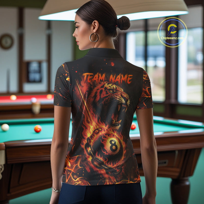 Personalized 8 Ball Chain Flame Tiger Billiard Shirt For Women, Pool Team Jerseys Polo & 1/4 Zip TDM4395