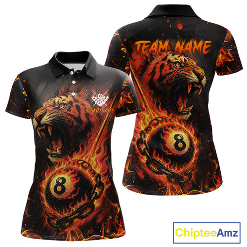 Personalized 8 Ball Chain Flame Tiger Billiard Shirt For Women Custom Pool Jerseys Polo & 1/4 Zip TDM4395