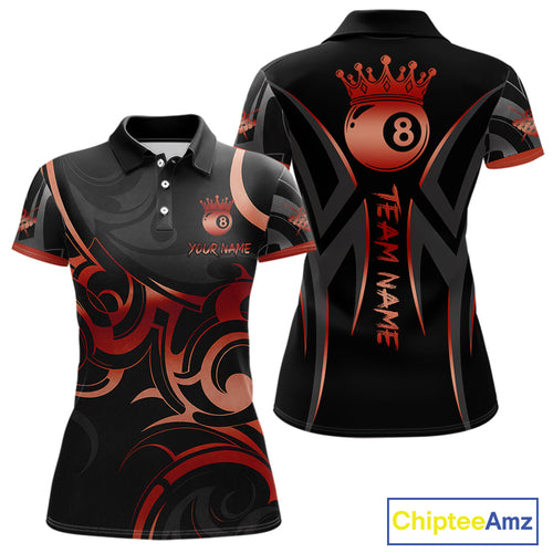 Black And Red 8 Ball Crown Tribal Billiard Shirt For Women Custom Pool Team Jersey Polo & 1/4 Zip TDM4416