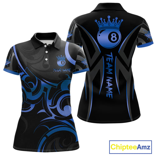 Black And Blue 8 Ball Crown Tribal Billiard Shirt For Women Custom Pool Team Jersey Polo & 1/4 Zip TDM4417