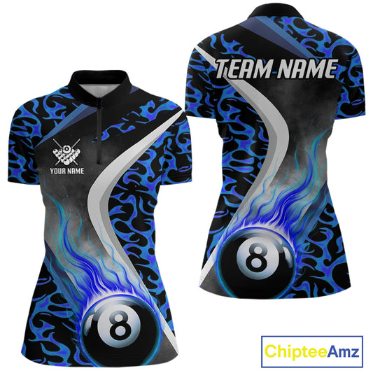 Personalized Flame Blue 8 Ball Pool Billiard Shirt For Women, Billiard Team Jersey Polo & 1/4 Zip TDM4471