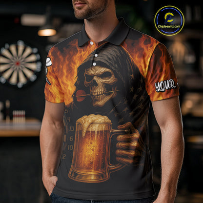 Personalized Funny Grim Reaper & Beer Fire Darts Shirt For Men, Dart Jersey Team Polo & 1/4 Zip TDM4486