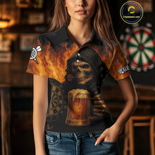 Load image into Gallery viewer, Personalized Funny Death Skeleton &amp; Beer Fire Darts Shirt For Women, Dart Jersey Team Polo &amp; 1/4 Zip TDM4486