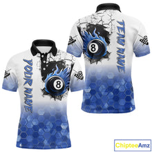 Load image into Gallery viewer, Custom White And Blue Hexagon 8 Ball Flame Billiard Shirt For Men, Funny Pool Team Jersey TDM4552