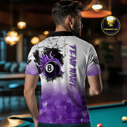 Custom White And Purple Hexagon 8 Ball Flame Billiard Shirt For Men, Funny Pool Team Jersey TDM4553