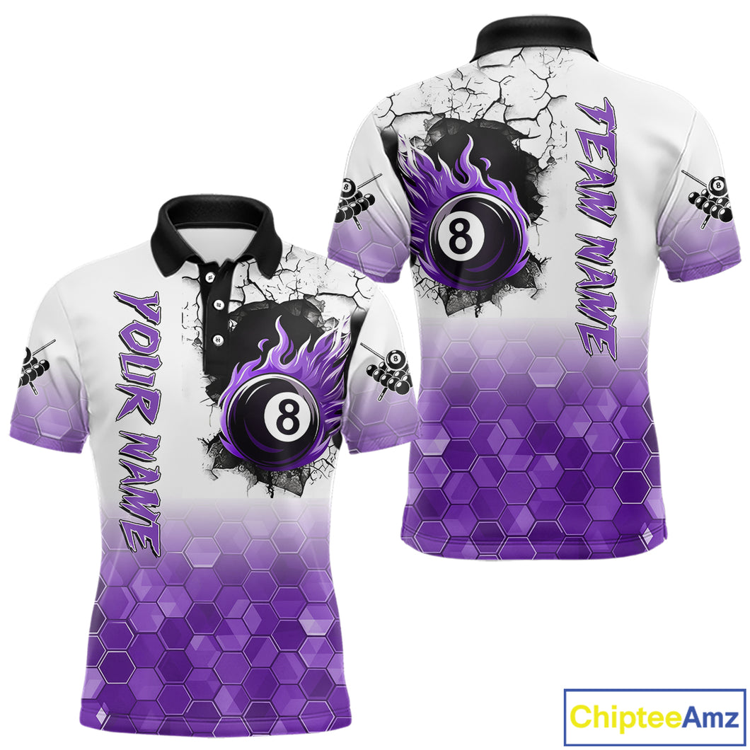 Custom White And Purple Hexagon 8 Ball Flame Billiard Shirt For Men, Funny Pool Team Jersey TDM4553