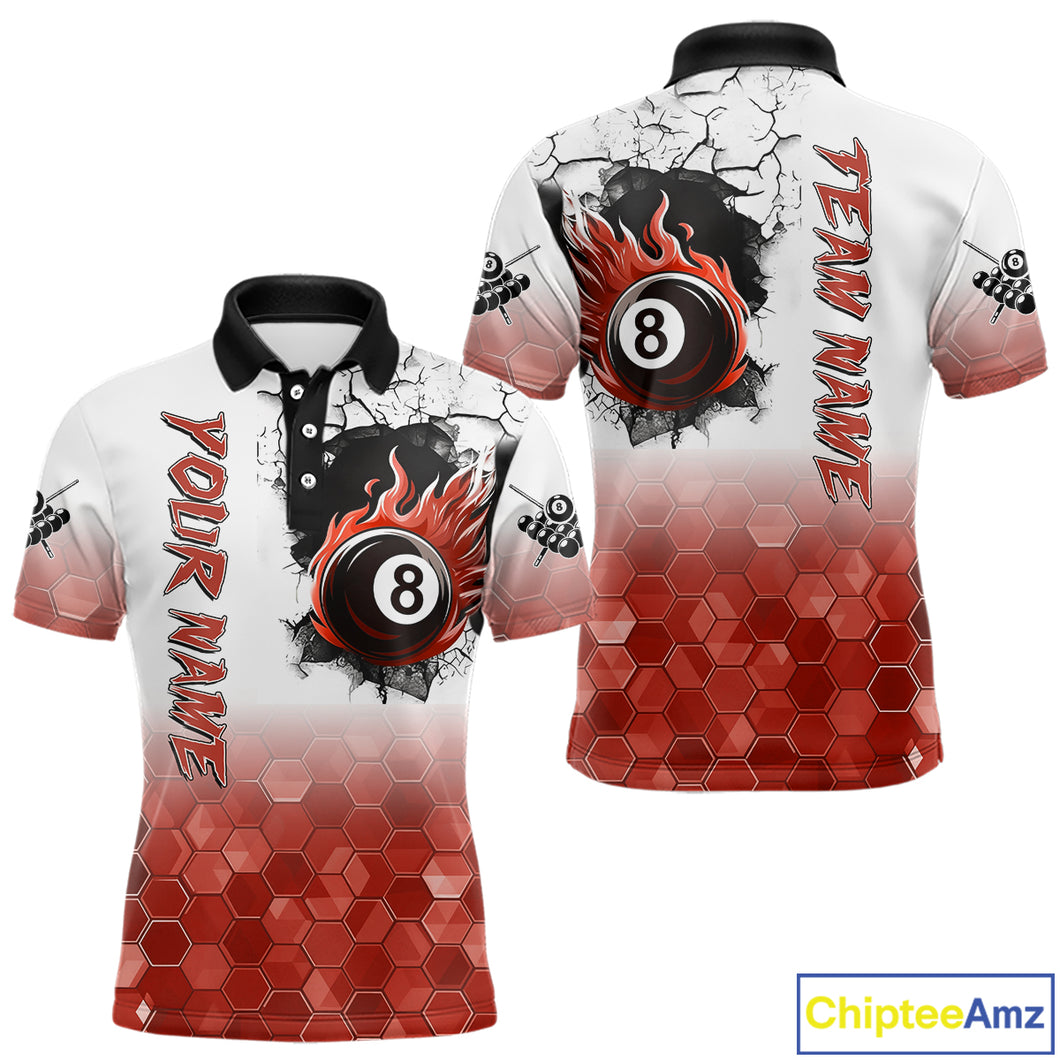 Custom White And Red Hexagon 8 Ball Flame Billiard Shirt For Men, Funny Pool Team Jersey TDM4554