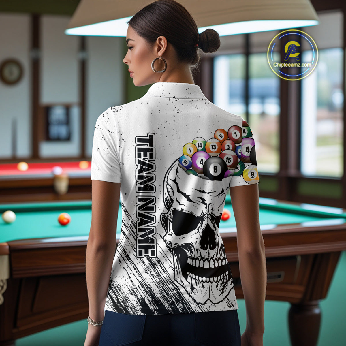 Personalized White Grunge Billiard Balls Skull Pool Shirt For Women, Funny Billiard Team Jersey TDM4578