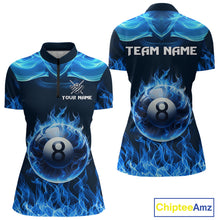 Load image into Gallery viewer, Blue Flaming 8 Ball Pool Billiard Shirts For Women Custom Polo &amp; Quarter Zip Billiard Team Jerseys TDM3999