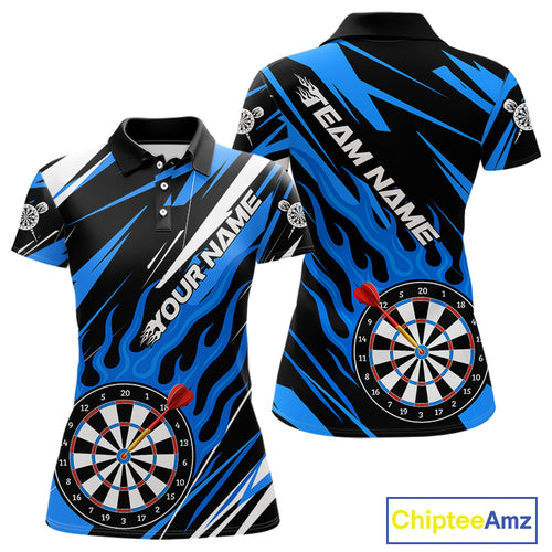 Blue Dartboard Flame Custom Dart Shirts For Women, Darts Team Jerseys Polo & Quarter Zip Shirts TDM4004