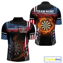 Load image into Gallery viewer, Personalized American Flag Dartboard Fire Flame Darts Shirt For Men, Patriotic Darts League Jersey TDM4796