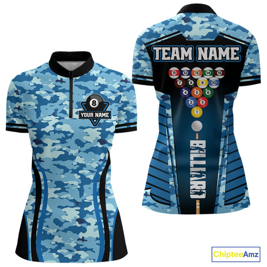 Custom Blue Camouflage 8 Ball Pool Billiard Shirt For Women, Billiard Jersey Outfit, Pool Team Shirt TDM4205