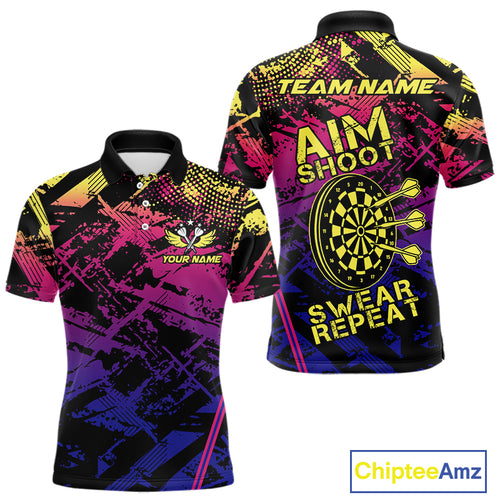 Purple Pink Yellow Grunge Aim Shoot Swear Repeat Dart Shirt For Men Custom Funny Darts Team Jersey TDM4034